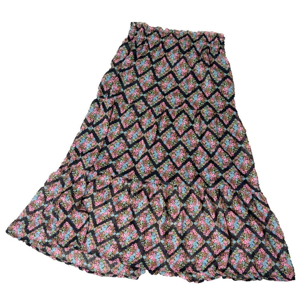 Lauren Conrad LC Tiered Midi Chiffon Skirt Sz S Boho Hippie Floral Print Lined